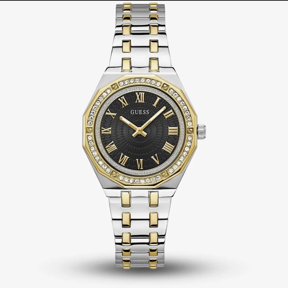 GUESS Two-Tone Gold & Silver Watch with Black Dial and Crystal Bezel